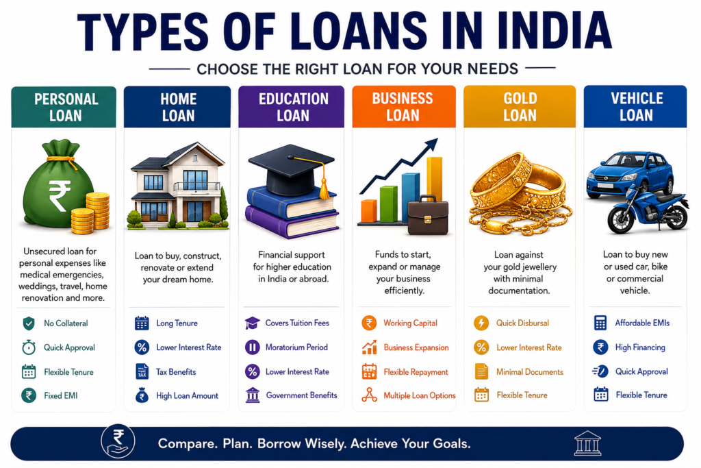 Different Types of Loans in India infographic showing Personal, Home, Education, Business, Gold, and Vehicle Loans