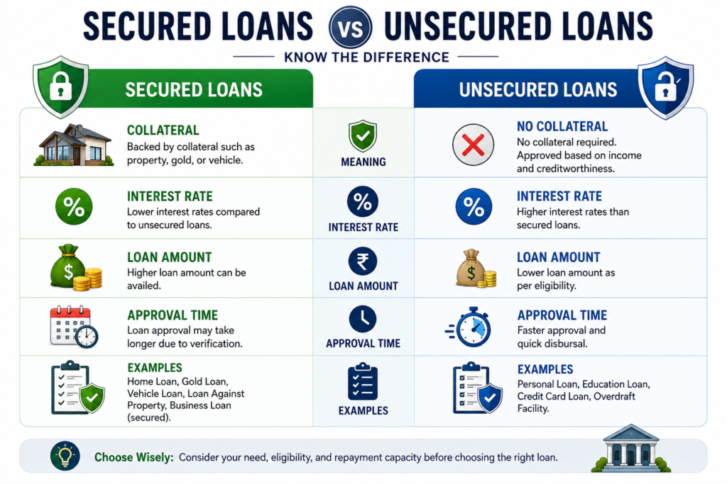 Comparison of secured and unsecured loans in India with features, interest rates, collateral, and examples